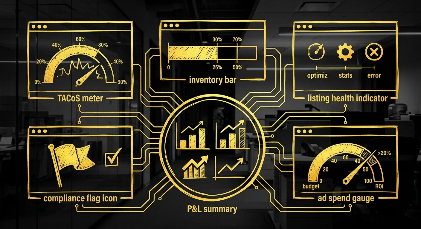 3P360 Amazon client data dashboard showing TACoS inventory and listing health metrics